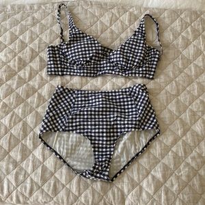 Tory Burch navy gingham swimsuit high waist w underwire top. Top MED, bottom SM